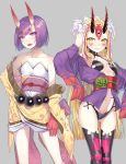  2girls bangs bare_shoulders beads black_legwear blonde_hair blunt_bangs breasts cosplay costume_switch earrings eyebrows_visible_through_hair fang fang_out fate/grand_order fate_(series) grey_background hair_ornament hakuishi_aoi horns ibaraki_douji_(fate/grand_order) ibaraki_kasen ibaraki_kasen_(cosplay) japanese_clothes jewelry kimono long_hair looking_at_viewer multiple_girls obi oni_horns open_mouth prayer_beads purple_hair sash short_hair shuten_douji_(fate/grand_order) shuten_douji_(fate/grand_order)_(cosplay) simple_background small_breasts smile standing thick_eyebrows thigh-highs violet_eyes yellow_eyes 