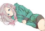  1girl 7468 bare_legs blue_eyes blush bow commentary_request eromanga_sensei green_jacket grin hair_bow hair_ornament hand_on_own_arm highres izumi_sagiri jacket long_hair long_sleeves looking_at_viewer lying on_side parted_lips pink_bow silver_hair simple_background smile solo track_jacket white_background 