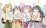  4girls ahoge akebono_(kantai_collection) bandaid bandaid_on_face bell black_hair brown_eyes casual crab flower grey_eyes hair_bobbles hair_flower hair_ornament kantai_collection looking_at_another multiple_girls oboro_(kantai_collection) one_eye_closed open_mouth orange_hair pink_eyes pink_hair sazanami_(kantai_collection) shakeda_mamoshirou short_hair side_ponytail smile ushio_(kantai_collection) 