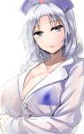  1girl alternate_costume breast_hold breasts cleavage closed_mouth collarbone constellation grey_eyes hat highres large_breasts long_sleeves looking_at_viewer nurse_cap red_cross see-through_silhouette shirt silver_hair solo sweat touhou upper_body wet wet_clothes wet_shirt white_shirt y2 yagokoro_eirin 