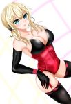  absurdres black_gloves blonde_hair breasts character_request corset gloves green_eyes highres kantai_collection large_breasts long_hair open_mouth prinz_eugen_(kantai_collection) solo thigh-highs 