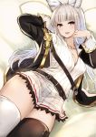  1girl akai_kagerou animal_ears bangs belt black_jacket black_legwear blunt_bangs blush breasts cleavage collarbone commentary_request dress erun_(granblue_fantasy) granblue_fantasy grey_eyes hand_behind_head hand_on_own_chin highres jacket korwa long_hair looking_at_viewer lying medium_breasts mismatched_legwear on_back open_clothes open_jacket open_mouth ribbed_dress silver_hair sleeve_cuffs smile solo thighs white_dress white_legwear 