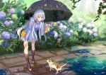  1girl achyue bag black_boots boots brown_eyes cat flower handbag holding holding_umbrella hydrangea leaning_forward long_hair outdoors path petals puddle purple_hair rain road shadow solo standing twintails umbrella vocaloid xingchen 