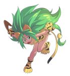  1girl ahoge animal_ears animal_print bare_shoulders boomerang breasts cham_cham fang full_body gloves green_eyes green_hair hair_bead hair_between_eyes hair_ornament holding jocheong leaning_forward leg_up long_hair looking_to_the_side low-tied_long_hair one_leg_raised open_mouth paw_gloves paw_shoes paws samurai_spirits shoes sleeveless small_breasts solo spiky_hair standing standing_on_one_leg tail tiger_ears tiger_paws tiger_print tiger_stripes tiger_tail 