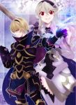  1boy 1girl armor blonde_hair book cape female_my_unit_(fire_emblem_if) fire_emblem fire_emblem_if gloves holding holding_book holding_sword holding_weapon leon_(fire_emblem_if) looking_at_viewer my_unit_(fire_emblem_if) red_eyes smile sword weapon white_hair 