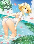  1girl adjusting_clothes adjusting_swimsuit ange_vierge ass bangs bare_shoulders blonde_hair blue_eyes breasts code_omega_77_stella day eyebrows_visible_through_hair green_eyes hair_ornament heterochromia looking_at_viewer looking_back medium_breasts ocean official_art one-piece_swimsuit open_mouth petals shiny short_hair sky solo swimsuit tsunako water white_swimsuit 