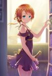  1girl aqua_eyes bare_shoulders blush book dress highres holding jewelry looking_at_viewer necklace orange_hair original purple_dress ribbon short_hair solo standing tomamatto 