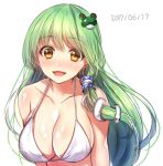  1girl bangs bare_shoulders bikini breasts cleavage dated eyebrows_visible_through_hair frog_hair_ornament green_hair hair_ornament halter_top halterneck kanzaki_maguro kochiya_sanae large_breasts looking_at_viewer shiny shiny_skin simple_background sketch snake_hair_ornament solo string_bikini swimsuit touhou upper_body white_background white_bikini yellow_eyes 