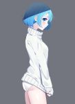  1girl absurdres arms_at_sides ass bangs blue_eyes blue_hair blush bob_cut closed_mouth cowboy_shot from_side grey_background highres looking_at_viewer original panties profile shade short_hair sidelocks simple_background solo sweater the_cold thighs turtleneck turtleneck_sweater underwear white_panties 