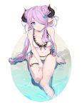  1girl aaa_(s-e-r-i) barefoot bikini blue_eyes blush breasts cleavage collarbone doraf double_bun earrings frilled_bikini frills full_body granblue_fantasy hair_ornament hair_over_one_eye head_tilt highres horns jewelry large_breasts long_hair looking_at_viewer narumeia_(granblue_fantasy) navel pointy_ears purple_hair revision sitting solo swimsuit very_long_hair water wet white_background white_bikini 