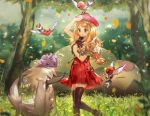 1girl animal animal_on_head arm_up bird bird_on_head black_legwear black_shirt blonde_hair bouquet espurr fletchling flower flower_in_mouth flying furfrou grass hat holding holding_flower long_hair low-tied_long_hair lying namie-kun on_back on_head outdoors parted_lips pleated_skirt pokemon pokemon_(creature) red_eyes red_hat red_skirt serena_(pokemon) shirt skirt sleeping snorlax thigh-highs tree violet_eyes 