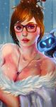  1girl alternate_costume black-framed_eyewear blue_background breast_hold breasts brown_eyes brown_hair cleavage coat collarbone drone fur-trimmed_jacket fur_trim grey_background hair_ornament hair_stick highres jacket jewelry large_breasts lips looking_at_viewer mei_(overwatch) necklace nose off_shoulder overwatch parted_lips pendant pickart_master portrait realistic snowflake_hair_ornament snowing solo striped vertical-striped_background vertical_stripes winter_clothes winter_coat 