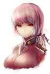  1girl absurdres bangs black_ribbon braid breasts closed_mouth eyebrows_visible_through_hair fate/grand_order fate_(series) florence_nightingale_(fate/grand_order) hair_ribbon highres hometa large_breasts looking_at_viewer pink_hair portrait red_eyes ribbon simple_background smile solo uniform white_background 