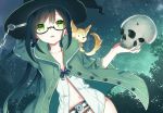  1girl bangs belt black_hair chains coat collarbone dutch_angle eyebrows_visible_through_hair fox green_eyes hat holding_skull long_hair matsuha_shuu navel on_shoulder open_clothes open_coat original parted_lips sidelocks sky solo star_(sky) starry_sky witch witch_hat 