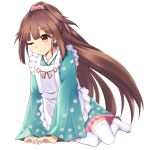 1girl brown_eyes brown_hair full_body japanese_clothes leaning_to_the_side long_hair lord_(oshiro_project) one_eye_closed oshiro_project oshiro_project_re ponytail simple_background solo thigh-highs very_long_hair white_background yoita_(oshiro_project) 