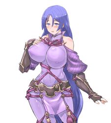  1girl bare_shoulders blush bodysuit breasts covered_navel depo_(typebaby505) fate/grand_order fate_(series) fingerless_gloves gloves large_breasts long_hair looking_at_viewer minamoto_no_raikou_(fate/grand_order) open_mouth purple_hair shoulder_cutout smile solo very_long_hair violet_eyes 