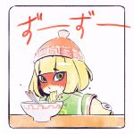  1girl arms_(game) blonde_hair chinese_clothes chopsticks eating facepaint food green_eyes hat ilya_kuvshinov looking_at_viewer min_min_(arms) noodles ramen short_hair simple_background solo 