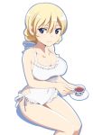  1girl bare_arms bare_shoulders blonde_hair blue_eyes blush braid breasts casual_one-piece_swimsuit cleavage collarbone covered_navel cup darjeeling drink eyebrows_visible_through_hair frilled_swimsuit frills girls_und_panzer halterneck holding invisible_chair large_breasts looking_at_viewer nanashino one-piece_swimsuit ribbon saucer short_hair sitting solo swimsuit tea teacup white_ribbon 
