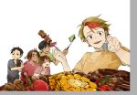  5boys black_hair blonde_hair brown_eyes brown_hair cellphone corn fang food grey_eyes grill ji_guang-hong leo_de_la_iglesia male_focus meat minami_kenjirou multicolored_hair multiple_boys open_mouth otabek_altin phichit_chulanont phone redhead self_shot selfie_stick skewer smartphone smile two-tone_hair v you_(gay322k) yuri!!!_on_ice 