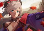  1girl bare_shoulders blue_eyes breasts cleavage earrings fate/grand_order fate_(series) hair_ornament hsin jewelry large_breasts looking_at_viewer miyamoto_musashi_(fate/grand_order) silver_hair smile solo upper_body 