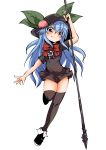  1girl :3 black_dress black_legwear blue_hair blush bow commentary cosplay dress food food_on_head fruit fruit_on_head hat hinanawi_tenshi houjuu_nue houjuu_nue_(cosplay) komojino-u leaf looking_at_viewer object_on_head peach polearm red_eyes shoes short_dress smile solo spear standing standing_on_one_leg thigh-highs thighs touhou weapon zettai_ryouiki 