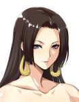  1girl bangs black_hair blue_eyes boa_hancock collarbone long_hair looking_at_viewer one_piece parted_bangs parted_lips portrait simple_background smile snake_earrings solo white_background zucchini 