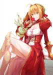  1girl ahoge bangs breasts cleavage dress epaulettes eyebrows_visible_through_hair fate/extra fate_(series) flower hair_between_eyes hair_intakes hair_ribbon holding holding_flower jhcrow juliet_sleeves large_breasts legs_crossed long_sleeves looking_at_viewer parted_lips puffy_sleeves red_dress red_ribbon ribbon saber_extra sidelocks sitting smelling_flower smile solo thighs wreath 
