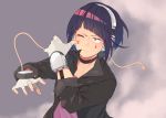  1girl bangs black_shirt blunt_bangs blurry boku_no_hero_academia choker collared_shirt depth_of_field earplugs facial_mark fingerless_gloves gloves jirou_kyouka kobaji long_sleeves one_eye_closed open_clothes open_shirt purple_hair purple_shirt shirt short_hair sleeves_rolled_up smoke solo teardrop upper_body white_gloves 