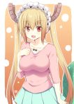  1girl :d akane_souichi artist_name bangs blonde_hair blouse breasts brown_eyes casual dragon_tail eyebrows_visible_through_hair fang green_skirt hair_between_eyes hand_on_own_chest horns kobayashi-san_chi_no_maidragon large_breasts long_hair looking_at_viewer maid_headdress open_mouth pink_blouse pleated_skirt sidelocks signature skirt sleeves_past_elbows smile solo tail tooru_(maidragon) twintails upper_body very_long_hair 