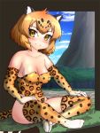 1girl animal_ears bare_shoulders blonde_hair blush breasts cleavage collarbone covered_nipples elbow_gloves gloves indian_style iwahana jaguar_(kemono_friends) jaguar_ears jaguar_print jaguar_tail kemono_friends leotard looking_at_viewer multicolored_hair no_shoes short_hair sitting smile solo tail thigh-highs yellow_eyes 