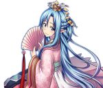  1girl asuna_(sao-alo) blue_eyes blue_hair blush fan from_behind hair_between_eyes hair_ornament holding holding_fan japanese_clothes kimono long_hair looking_back pink_kimono pointy_ears sitting smile solo sword_art_online transparent_background very_long_hair 