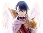  alfonse_(fire_emblem) angel_wings blue_eyes blue_hair cape fire_emblem fire_emblem_heroes looking_at_viewer pauldrons simple_background solo wings yori_ill 