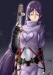  1girl arm_armor belt bodysuit breasts cape commentary_request covered_navel cowboy_shot fate/grand_order fate_(series) fingerless_gloves gauntlets gloves hair_between_eyes highres holding holding_sword holding_weapon large_breasts long_hair long_sleeves looking_at_viewer minamoto_no_raikou_(fate/grand_order) night night_sky niwatazumi purple_hair sidelocks skindentation sky smile solo star_(sky) sword violet_eyes weapon 