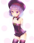  1girl arms_behind_back bare_shoulders beret black_legwear black_leotard blush detached_collar detached_sleeves fate/grand_order fate_(series) hat helena_blavatsky_(fate/grand_order) highres leotard open_mouth purple_hair short_hair smile solo strapless strapless_leotard thigh-highs uonuma_yuu violet_eyes 