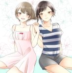  2girls bangs blush breasts brown_hair cak ear_piercing eyebrows_visible_through_hair flower hand_holding lily_(flower) looking_at_another medium_breasts multiple_girls open_mouth orange_eyes original piercing red_eyes shirt short_hair small_breasts smile striped striped_shirt yuri 