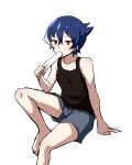  1boy akiba&#039;s_trip akiba&#039;s_trip_the_animation arm_support barefoot black_shirt blue_hair boxers denkigai_tamotsu eating food funkunsan highres invisible_chair male_focus multicolored_hair popsicle red_eyes shirt simple_background sitting streaked_hair tank_top underwear white_background 