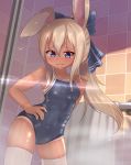  1girl animal_ears blonde_hair blue_bow blue_eyes bow cowboy_shot from_below hair_bow hand_on_hip hotel01 long_hair one-piece_tan original ponytail rabbit_ears school_swimsuit shower_room solo swimsuit tan tanline thigh-highs towel white_legwear 