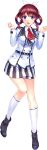  1girl ankle_boots bangs boots breasts brown_hair full_body highres long_sleeves looking_at_viewer medium_breasts misaki_kurehito official_art open_mouth ragnastrike_angels school_uniform short_hair skirt socks solo striped toujou_hinata transparent_background vertical_stripes violet_eyes white_legwear 