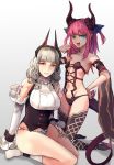 2girls :d bare_shoulders black_legwear blue_eyes breasts carmilla_(fate/grand_order) carmilla_(fate/grand_order)_(cosplay) cosplay detached_sleeves fate/grand_order fate_(series) grey_background highres hsin kneehighs kneeling lancer_(fate/extra_ccc) lancer_(fate/extra_ccc)_(cosplay) large_breasts long_hair looking_at_viewer multiple_girls navel open_mouth parted_lips pink_hair pointy_ears silver_hair sitting small_breasts smile tail white_legwear yellow_eyes