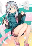  1girl blue_eyes blush bow drawings eromanga_sensei full_body gradient_hair green_jacket hair_bow hiroki_(hirokiart) izumi_sagiri jacket legs long_hair long_sleeves looking_at_viewer multicolored_hair pink_bow pink_hair silver_hair slippers smile solo stylus tablet_pc 