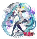  1girl 2017 aqua_eyes aqua_hair artist_name boots copyright_name detached_sleeves full_body hatsune_miku long_hair microphone microphone_stand musical_note necktie one_eye_closed open_mouth skirt solo speaker star sukja thigh-highs thigh_boots twintails uchi_no_hime-sama_ga_ichiban_kawaii very_long_hair vocaloid 