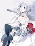  1girl armor armored_dress blue_eyes breasts chains china33v cleavage elbow_gloves flower full_body gloves hair_ornament highres holding holding_sword holding_weapon looking_at_viewer medium_breasts pale_skin rose silver_hair simple_background sinoalice sitting snow_white_(sinoalice) solo sword thigh-highs tied_hair weapon 