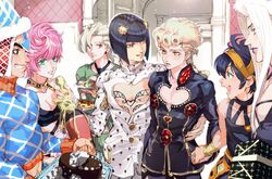  aqua_eyes arm_around_waist black_eyes black_hair blonde_hair bob_cut bottle bra braid breasts bruno_buccellati cake choker cleavage earrings food giorno_giovanna green_eyes guido_mista hair_ornament hairband hairclip holding_hand jewelry jojo_no_kimyou_na_bouken leone_abbacchio lipstick makeup medium_breasts narancia_ghirga orange_eyes pannacotta_fugo pink_hair purple_lipstick salad short_hair single_braid smile stud_earrings trish_una turtleneck underwear violet_eyes white_hair wine_bottle wristband zakki 