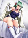  1girl bangs bed blanket blush breasts curvy dutch_angle elbow_gloves eyebrows_visible_through_hair fate/grand_order fate_(series) gloves green_hair hair_between_eyes horns hospital_bed indoors kiyohime_(fate/grand_order) kneehighs large_breasts leaning_forward one-piece_swimsuit open_mouth sabujiroko sitting smile soles solo swimsuit tareme white_legwear yellow_eyes 