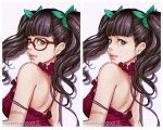  artist_name bangs bare_back bare_shoulders black_hair blunt_bangs bow breasts brown-framed_eyewear character_name closed_mouth dress glasses green_bow green_ribbon green_scrunchie hair_ornament hair_scrunchie lips long_twintails magion02 medium_breasts ms.assistant no_glasses original purple_dress ribbon scrunchie shadow simple_background twintails variations white_border 