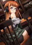  1girl bare_shoulders black_legwear brown_hair chair fur_trim glasses headphones highres jacket long_hair looking_at_viewer nemu_(nebusokugimi) orange_hair persona persona_5 sakura_futaba sitting smile solo table thigh-highs violet_eyes 