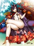  1girl alcohol bangs barefoot bob_cut breasts copyright_name cup domco eyebrows_visible_through_hair fate/grand_order fate_(series) gourd highres horns japanese_clothes kimono looking_at_viewer medium_breasts navel oni oni_horns open_clothes open_kimono pale_skin purple_hair sakazuki sake short_hair shuten_douji_(fate/grand_order) solo violet_eyes 