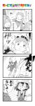 ! 3girls 4koma :d ^_^ absurdres animal_ears attack backpack bag black-tailed_prairie_dog_(kemono_friends) blush_stickers bow bowtie bucket_hat closed_eyes comic expressionless fur_collar gloves grabbing greyscale half-closed_eyes hand_on_another&#039;s_head hat hat_feather highres kaban_(kemono_friends) kemono_friends long_sleeves looking_at_another looking_down monochrome motion_lines multiple_girls open_mouth prairie_dog_ears prairie_dog_tail serious serval_(kemono_friends) serval_ears serval_print shirt short_hair short_sleeves shorts silhouette skirt smile speed_lines sunagawa383 surprised sweat sweating_profusely t-shirt tail translation_request 