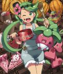 1girl ;d alola_form alolan_muk bangs bare_shoulders blush bounsweet bow breasts cake chocolate chocolate_on_face cocoa_bean cowboy_shot dark_skin exeggcute eyebrows_visible_through_hair flower food food_on_face green_eyes green_hair green_hairband green_outline hair_flower hair_ornament hairband heart holding holding_pot leaf long_hair looking_at_viewer luvdisc mallow_(pokemon) one_eye_closed open_mouth overalls pink_bow pink_shirt poke_ball poke_ball_theme pokemon pokemon_(creature) pokemon_(game) pokemon_sm pot shirt sleeveless sleeveless_shirt small_breasts smile spatula standing star swept_bangs swirlix trial_captain twintails yuta0115 