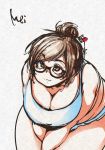  1girl :3 bending_forward blush brown_eyes brown_hair character_name cross_eyed fat fat_folds glasses hair_ornament hair_stick hiro_(h-net) looking_at_viewer mei_(overwatch) overwatch short_hair smile solo thick_thighs thighs v_arms wide_hips 